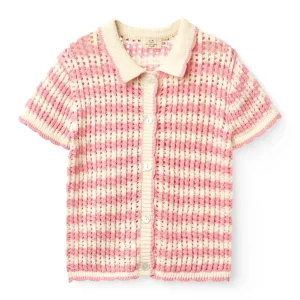 Kortærmet strikcardigan med hæklemønster - Pink/Cream Comb.