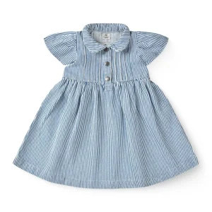 Farvet Kjole m. Striber og Flæse Ærmer - Denim Blue Stripe