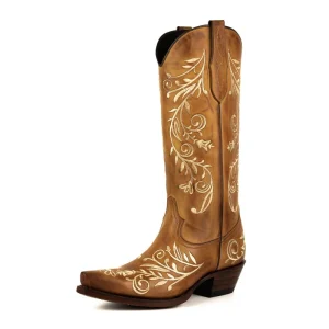 Damestøvler i country- og western-stil med cowboys 2669 i brunt læder med blomsterbroderi