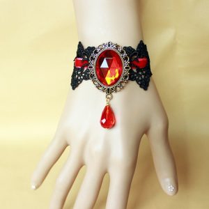 Vintage Gothic Black Lace Ribbon Bracelet With Gold Tone Trimmed Red Rhinestone