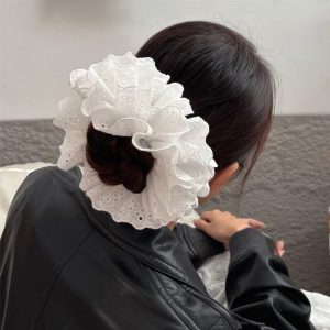 White Scrunchies Lace Design Premium Fabric Ponytail Holder Hair Tie